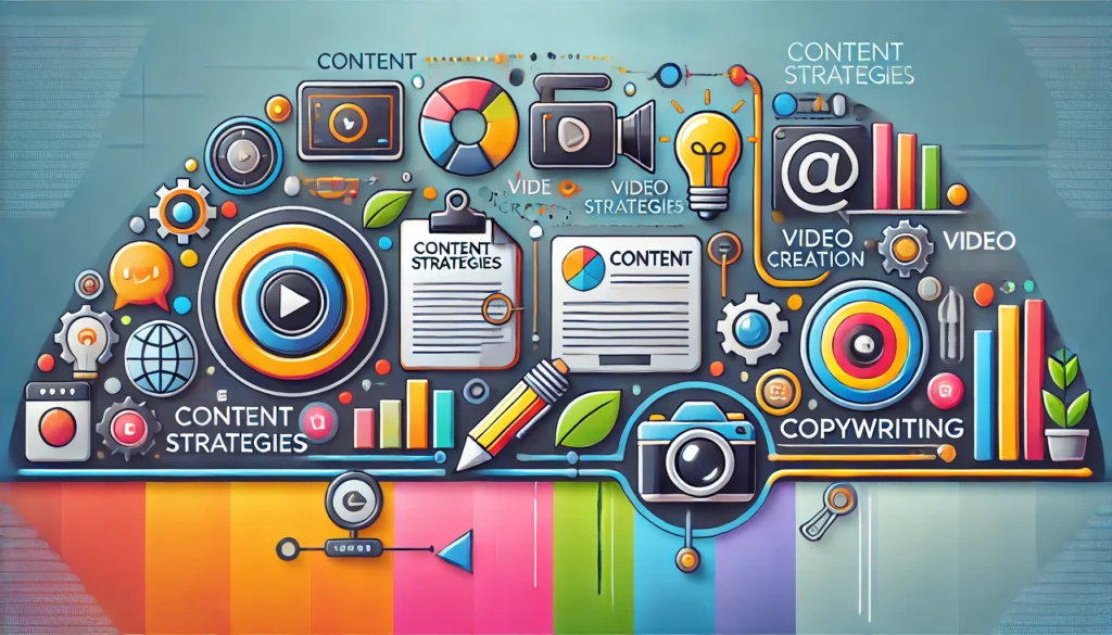 La imagen horizontal combina elementos icónicos de estrategias de contenido. Presenta un libro simbolizando blogs, una cámara para videos, y un lápiz que representa el copywriting. Diseñada con un fondo degradado de colores vivos y líneas limpias, destaca la importancia de diversificar formatos y plataformas para maximizar el impacto de las estrategias de contenido en el marketing digital.