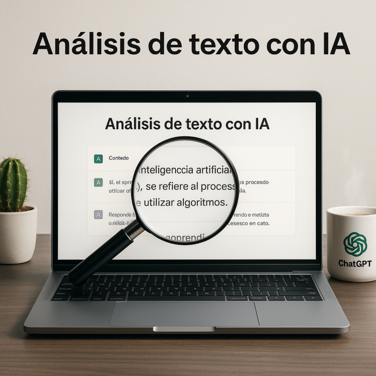 Portátil sobre un escritorio de madera oscura con una lupa enfocando un texto en pantalla que habla sobre inteligencia artificial. A la izquierda, una pequeña maceta blanca con un cactus, y a la derecha una taza blanca con el logo de ChatGPT y vapor saliendo.