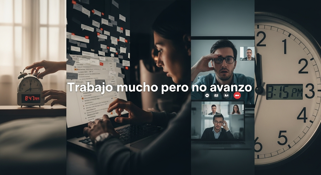 relojes y persona lleno de trabajo y tareas estresantes.