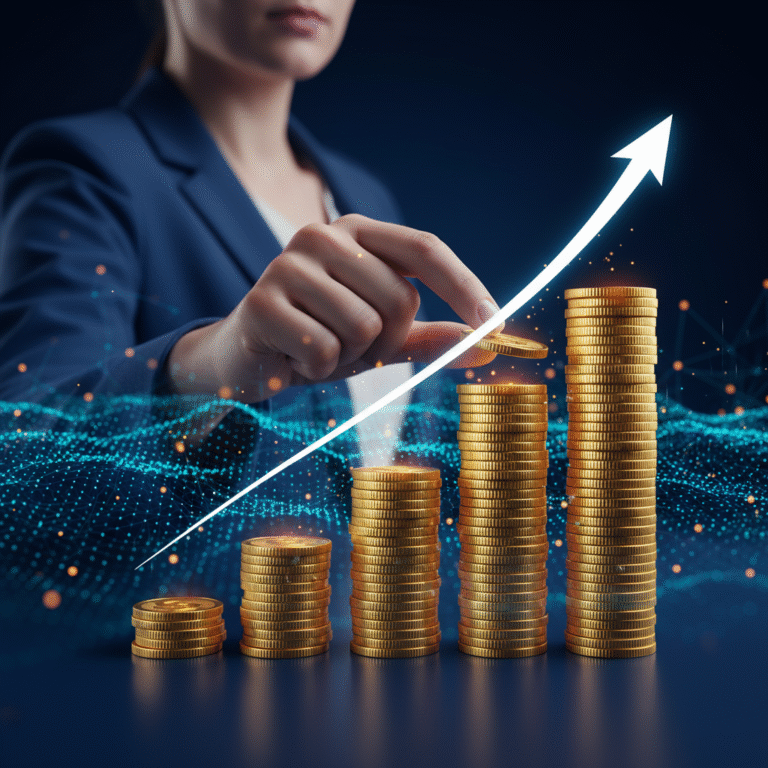 Una mano femenina apila monedas de oro brillantes, formando un gráfico de barras ascendente sobre un fondo de ondas digitales azules y cian. Una flecha blanca luminosa emerge de la pila más alta, simbolizando el crecimiento de carrera. El estilo es hiperrealista y futurista.
