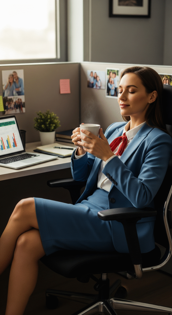 Una mujer profesional, con un traje de negocios azul, sentada en una silla ergonómica en un cubículo moderno. Sostiene una taza de café humeante con una expresión de calma y satisfacción. En su regazo, una laptop abierta muestra un gráfico de barras, y las paredes detrás de ella están decoradas con fotos personales. La escena es hiperrealista, con luz natural suave y un ambiente profesional y acogedor.