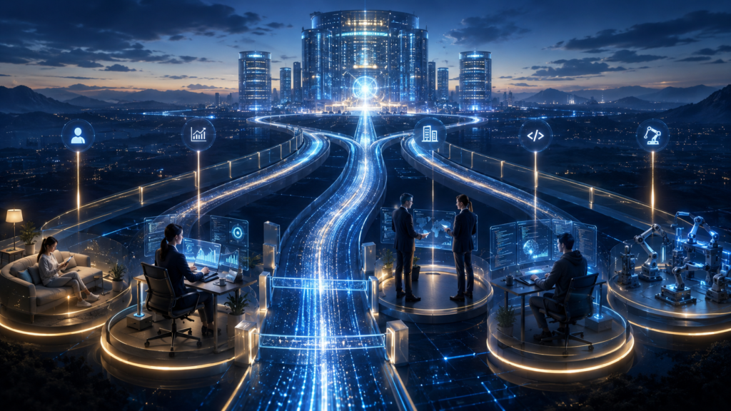 Una representación visual de la evolución de la inteligencia artificial como infraestructura digital. Diferentes perfiles de usuarios, profesionales, empresas y sistemas automatizados convergen en una red de acceso escalonado que conduce hacia modelos cada vez más avanzados. La imagen refleja especialización, crecimiento tecnológico y la transición hacia ecosistemas de IA organizados por capacidades, contexto y nivel de uso.